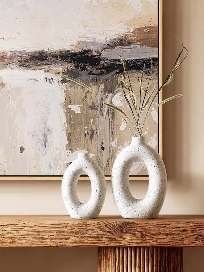 LE TAUCI Ceramic Vases Set of 2, White Hollow Donut Flower Vases, Nordic Decor Decorative Centerpiece for Living Room, Office Table, Shelf, Mantel, White Speckled (H10.5”xW8.5”)