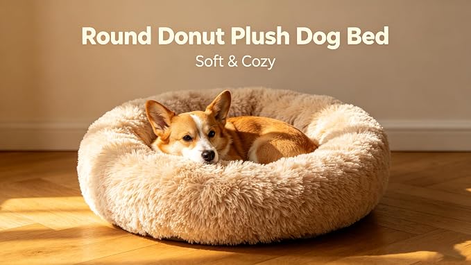 Calming Large Donut Dog and Cat Bed, Anti-Anxiety Round Soft Fluffy Plush Faux Fur Washable Anti-Slip Pet Bed for Medium Dogs Up to 35 lbs 28in (Camel)