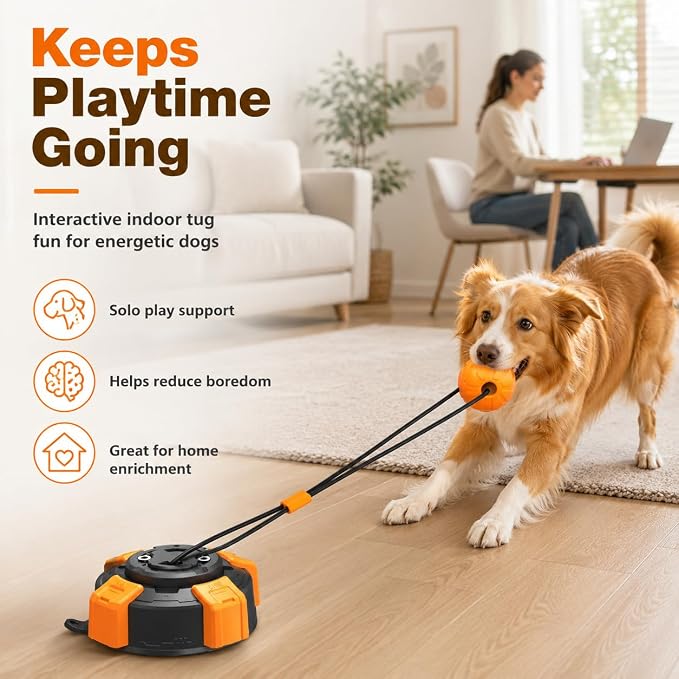 Interactive Dog Tug of War Toy for Aggressive Chewers, Suction Cup Chew Toy for Medium & Large Dogs to Keep Them Busy, Heavy Duty Dog Boredom Toy with Steel Wire Rope, Orange