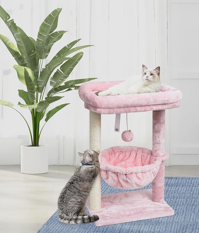 SYANDLVY Small Pink Cat Tree for Indoor Cats, Activity Tower for Kittens | Scratching Post, Modern Cat Furniture with Basket & Hanging Ball for Play Rest, Pink