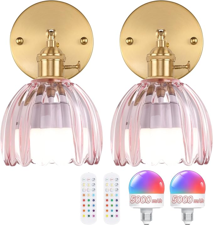 Shenmoyl Vintage 5000 mAh Battery Operated Wall Sconce with Pink Clear Tulip Glass Lampshade Rechargeable Battery Powered Wall Light with Remote Control for Bedroom Doorway, Set of 2
