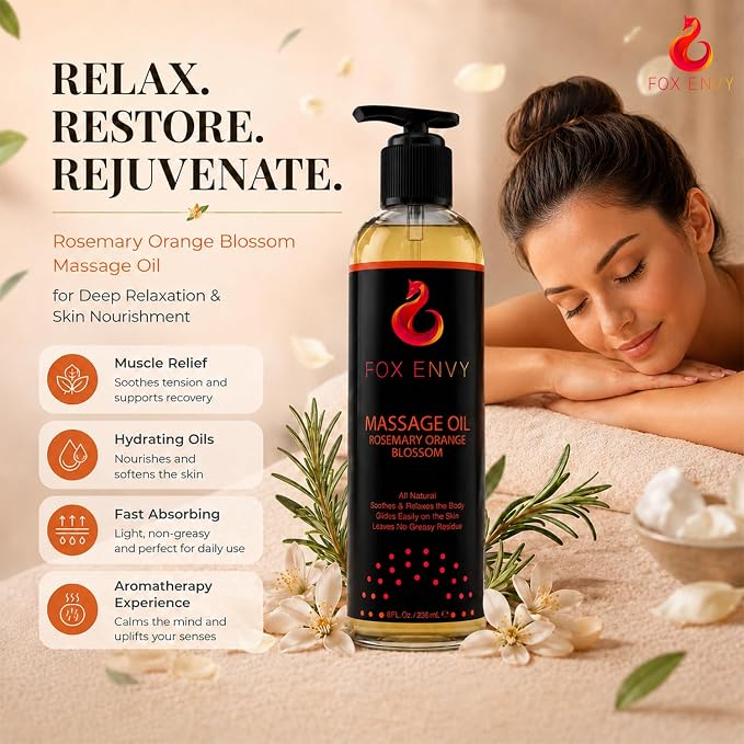 Massage Oil for Couples, Women & Men (1 Bottle, 8 fl oz) - Fox Envy Orange Blossom with Rosemary Scented Sensual Oil with Coconut Oil & Jojoba Oil - Enhances Stimulation for The Body & Muscles