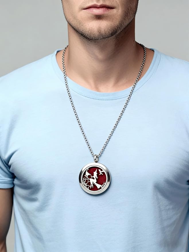 Essential Oil Diffuser Necklace - Aromatherapy Jewelry Halloween Stainless Steel Magic Witch Locket Pendant with 24 Inches Chain + 8 Washable Refill Pads Birthday