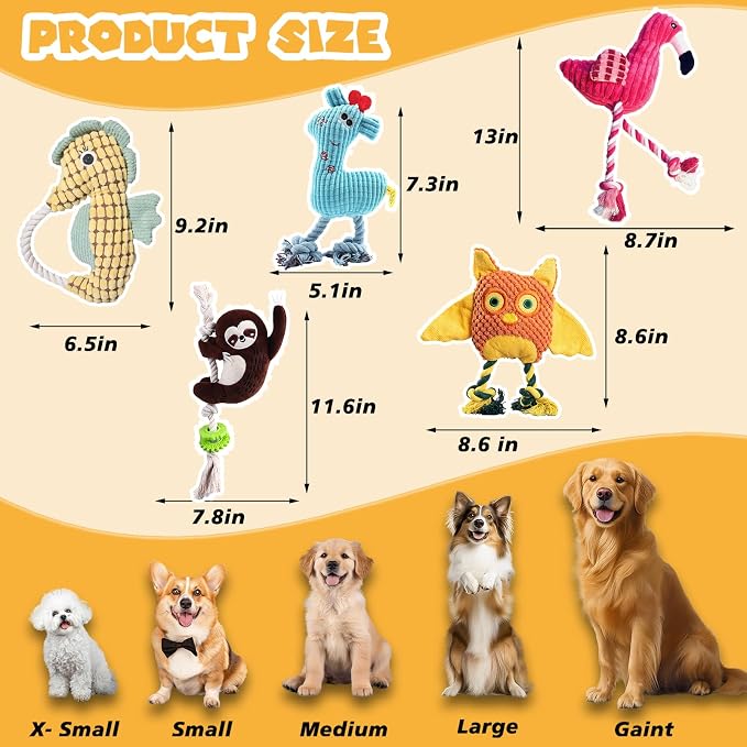 MRSOHRET 5 Pack Plush Dog Toys with Rope, Squeaky Dog Toys, Tug of War Dog Interactive Toy, Durable Dog Chew Toys for Large Dogs & Puppies