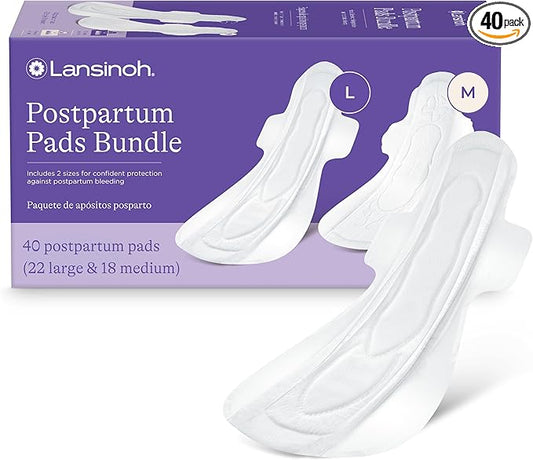 Lansinoh Postpartum Maxi Pads Bundle, 40 Count, Heavy Absorbency Overnight Pads with Wings, Includes 2 Sizes for Extra Protection, Postpartum Essentials