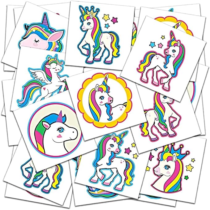 ArtCreativity Unicorn Individual Temporary Tattoos for Kids - Bulk Pack of 144 Pre-Cut Unicorn Tattoos in Assorted Designs - Rainbow Unicorns Animal Themed Birthday Party Favors and Goodie Bag Fillers