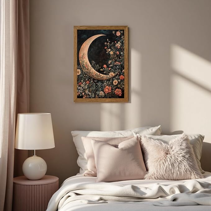 JLTULT Floral Moon Wall Art, Gothic Botanical Framed Canvas, 16 x 24 In | Dark floral moon art on fade-resistant canvas with a ready-to-hang wood frame for bedrooms, living rooms and bathrooms