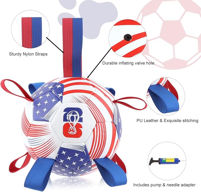 Dog Soccer Ball with Straps, 7.25 Inch Herding Dog Ball Toys World Cup Dog Toy, Balls for 30-90lbs Dogs, Outdoor Dog Toy for Medium Large Puppy, Interactive Toy for Tug, Water Toy Ball,U.S.A
