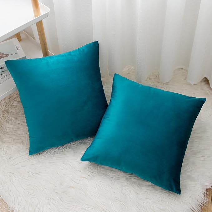 Velvet Decorative Throw Pillow Covers, Soft Square Cushion Case Home Decor for Living Room Couch Bed Sofa, Set of 2 Pack, Teal, 20x20 Inch