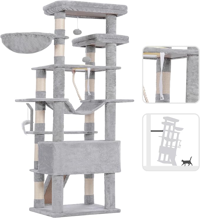 Heybly Tall Cat Tree 78-inch Multi-Level Cat Tower for Indoor Cats HCT033W | Cat Condo with 2 Widened Plush Perches, Multi-Level Cat Furniture with Scratching Board, Big Caves, Light Gray