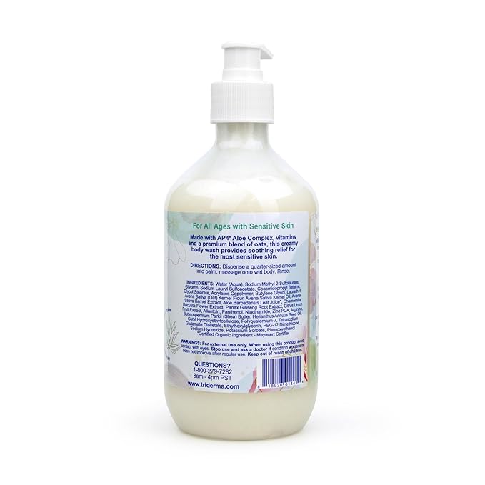 TriDerma Moisturizing Sensitive Skin Body Wash, Premium Botanicals, Aloe Vera, Chamomile, Oat, Shea Butter, Niacinamide, Creamy Body Cleanser, Paraben Free, 16.9 fl oz