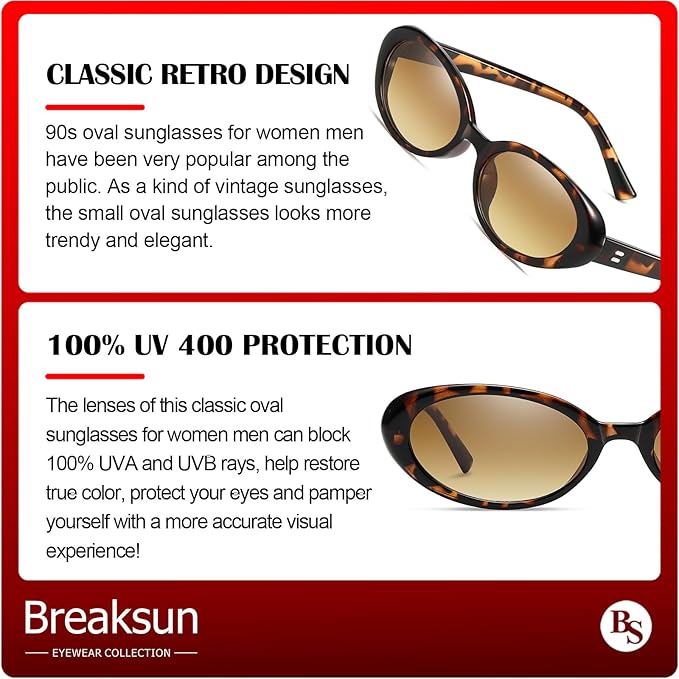 Breaksun Retro Oval Sunglasses for Women Men Fashion Small Oval Sunglasses 90s Vintage Shades