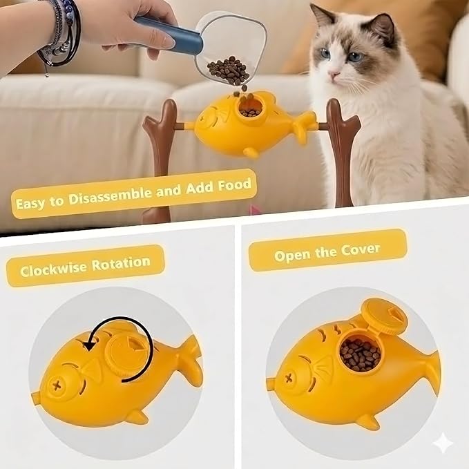 Cat Slow Feeder, Interactive Cat Puzzle Toy Treat Dispenser - BBQ Campfire Grill Design, Adjustable Rotating Fish Flame Mental Stimulation Food Dispensing Toy for Indoor Cats Kittens-Fat Fish