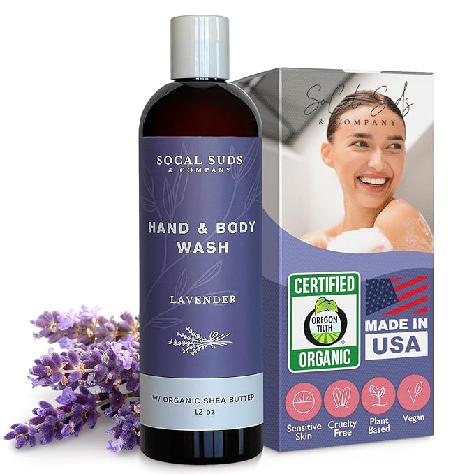 SoCal Suds & Company Organic Shea Butter Body Wash – Lavender Liquid Soap for Hand & Body, Moisturizing Shower Gel, Daily Body Wash for Women, Men & Unisex, Gentle Skin Care & Protection - (12oz)