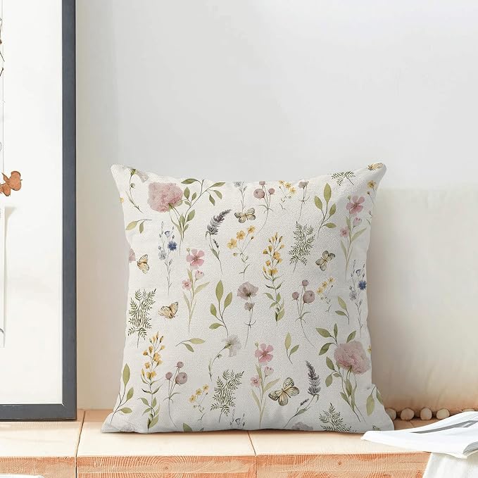 Spring Pillow Covers 20x20 Inch Set of 2, Sage Green Pink Wild Flower Throw Pillows Case,Colorful Seasonal Floral Plant Outdoor Decorative Farmhouse Decor Cushion Covers for Home Sofa Bed Couch