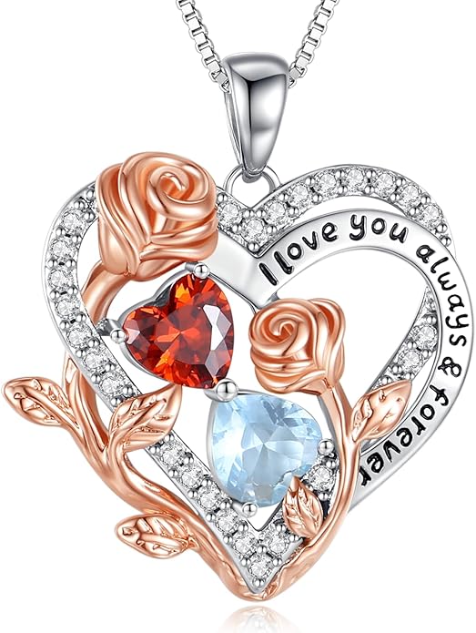I Love You Birthstone Necklace, 925 Sterling Silver Heart Pendant with CZ Diamond Stones, Birthday Gifts for Women, Romantic Gift for Wife, Girlfriend, Her, Anniversary, Valentine's Day, Christmas