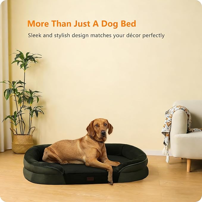 Dwanton Orthopedic Waterproof X-Large Dog Bed Sofa, Gel Memory Foam, 45" | Egg-Crate Foam Dog Sofa, Washable Pet Bed with Four Sided Bolster Cushion, Removable Cover & Non-Slip Bottom, Green
