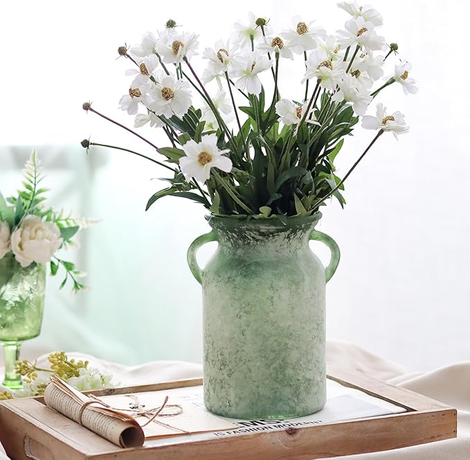 SHMILMH Glass Flower Vase with Handle – 8 Inches Rustic Imitation Ceramic Vase for Flowers, Vintage White Green Centerpiece Decor for Farmhouse, Modern Home, Table & Holiday Decorations
