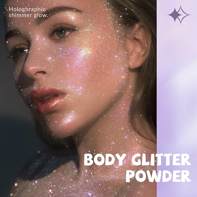 Chameleon Body Glitter Powder, Air Cushion Highlighter for Face, Hair, Multichrome Color Shifting Sparkling Body Shimmer Patting Powder Smooth Easy-Use Glow Makeup, 05 Hologhraphic Purple