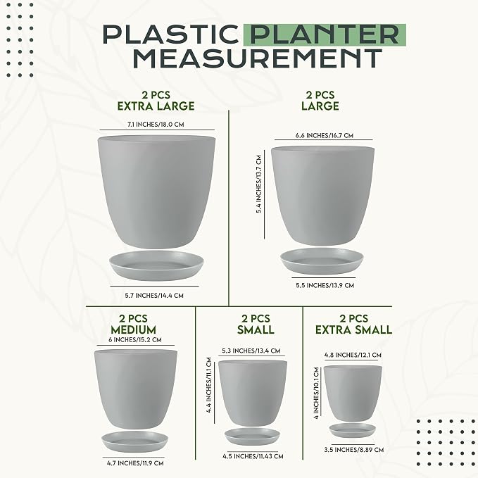 Plant Pots Indoor with Drainage, 10 Pack Multi-Size Planters Set, Grey | Drainage holes included Multiple sizes 7/6.6/6/5.3/4.8 In Indoor plants and flowers Durable plastic construction
