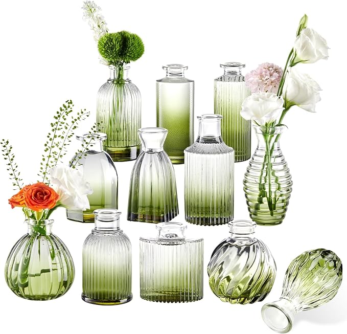 Green Bud Vases Set of 12, Small Green Glass Vase for Table Centerpieces | Ribbed Flower Vase Stripe Bud Vases in Bulk Wedding Birthday Bridal Shower Home Table Decoration
