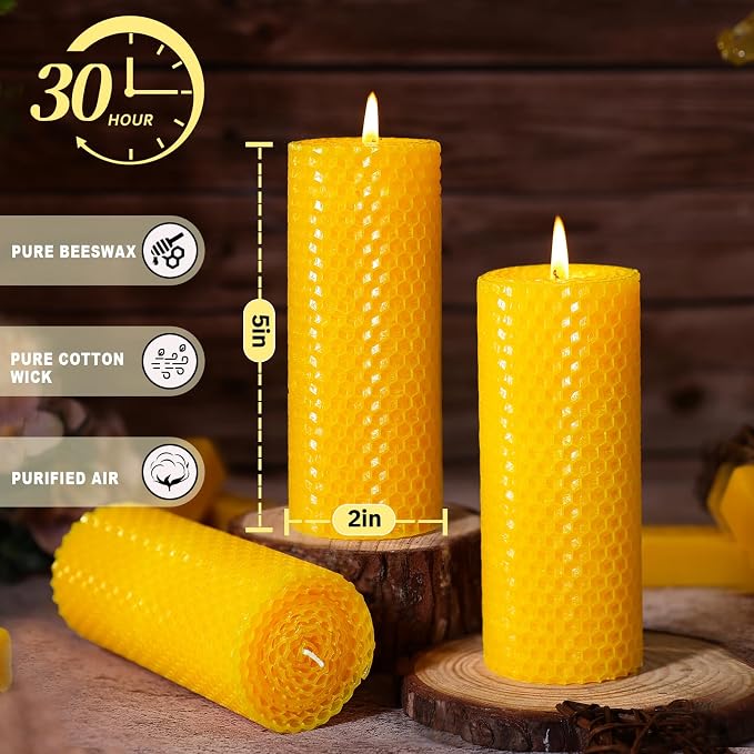 2 Pack Beeswax Pillar Candles, 2x5in Pure Natural Honeycomb Beeswax Candles Bulk, Unscented Bees Wax Candle for Home,Prayer,Dripless Smokeless Organic 100% Pillar Candles