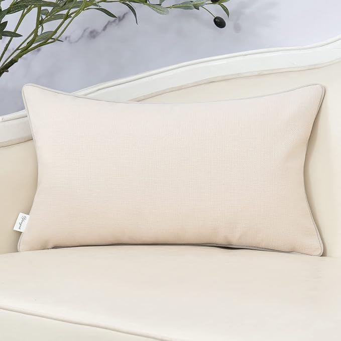 Patchwork Pillow Cover 12x20 Inch Luxury Cotton and Linen Cushion Cover Faux Leather Pillowcover for Couch Bedroom Living Room, White