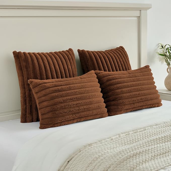 FUTEI Pack of 2 Faux Fur Throw Pillow Covers 22x22 Inch, Rust | Fluffy Faux Rabbit Fur Front/Premium Velvet Back,Hidden Zipper,Machine Washable,Non-Shedding,Colorfast,Insert Not Included.