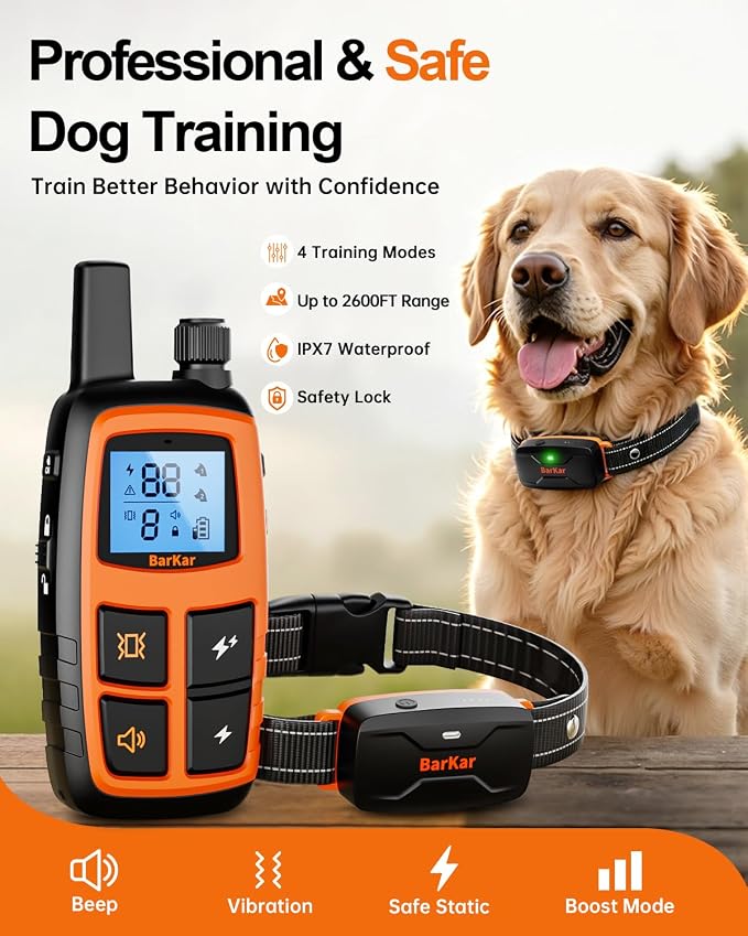 BarKar Dog Shock Collar with 4 Training Modes, IPX7 Waterproof Dog Training Collar with IPX4 Remote, 2600FT Electric Collar with Beep, Shock, Vibration & Shock Boost for All Breeds