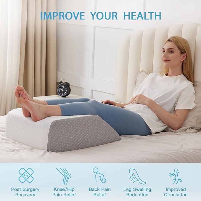 Leg Pillow Elevation Blood Circulation, Leg Wedge for Elevation for Swelling, Leg Elevating Pillow for After Surgery, Memory Foam Foot Knee Pillow for Back Sleeping 24×22×8 Inch White/Grey