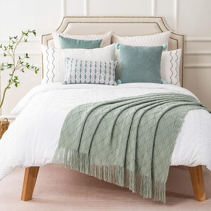 BATTILO HOME Sage Green Throw Blanket for Couch, Boho Bed Throws Blanket, Spring Decorative Light Blue Throw Blanket for Sofa Living Room, 52"x80"