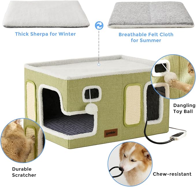 ZOMISIA Heated Cat House for Indoor Cats - Large Cat Warming Bed for Winter with Fluffy Ball Hanging and Adjustable Heating Pad, Foldable Cat Hideaway,23x16.5x13 inches, Navy Blue