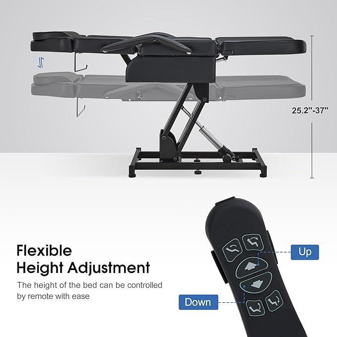 BarberPub Fully Electric Facial Bed with 3 Motor for Esthetician, Electric Tattoo Chair for Client, Facial Bed for Esthetician, Electric Adjustment 2751 (Black, Height (Flat): 25.2"–37")