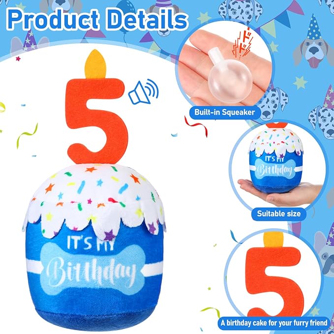 Dansydaisy Dog Birthday Cake Toy Squeaky Plush Gift,5th,Blue