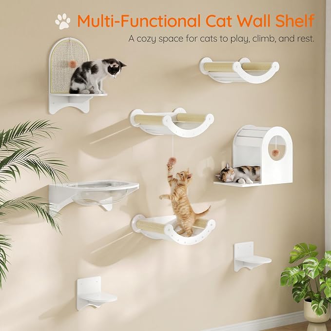 HOOBRO Wood Cat Wall Shelves for Large Cats, Wall-Mounted Cat Shelves and Perches, Cat wall Furniture Set with Cat House, Transparent Capsule Hammock, for Sleeping, Playing & Climbing, White WT48CS03