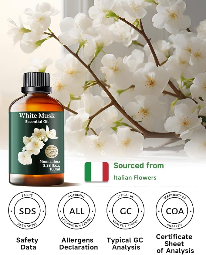 White Musk Fragrance Oil, Soft Scent, Diffuser & DIY, 3.38 Fl Oz | Mumianhua White Musk Oil., Musky Aroma. For Reed Diffuser, Perfume, Skin, Hair & Candle Making