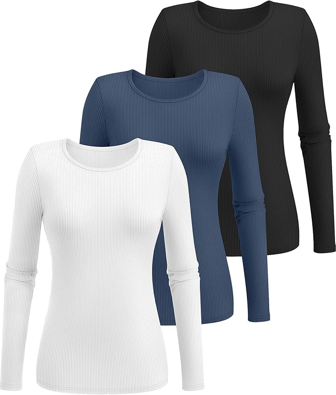 Ficerd 3 Pack Women's Ribbed Long Sleeve Tops, Crew Neck Slim Fit Undershirts Knit Basic Casual Stretch Layering Tee Shirts