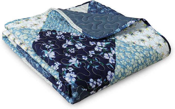 Exclusivo Mezcla Reversible Boho Quilted Throw Blanket, 50"x 60" | Lightweight Summer Quilt Throw, Designed for Bed/ Couch/ Sofa, Blue Patchwork Pattern