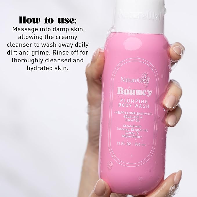 NATURE WELL Bouncy Plumping & Cleansing Body Wash, Infused With Squalane & Cacay Oil, Scented With Tuberose, Dragonfruit, Lychee & Golden Amber, 13 Fl Oz