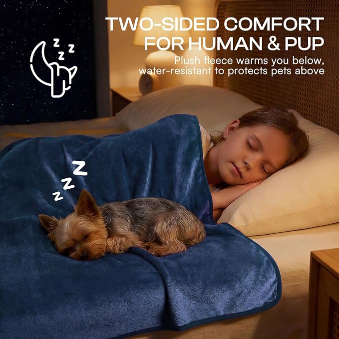 Luciphia Waterproof Pet Blanket, Washable Reversible Sherpa Fleece Throw | Liquid-proof furniture protector for bed and couch, soft reversible sherpa fleece for dogs, cats blue, M