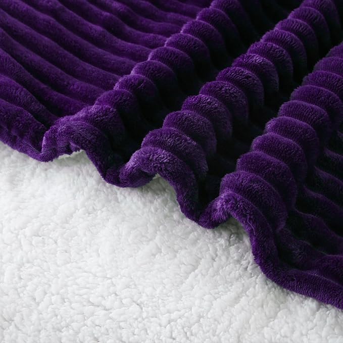 Purple Sherpa Fleece Throw Blanket 50”×60” for Couch Sofa Bed | Double Side Soft Fuzzy Cozy Plush Thick Flannel Blanket with Striped Design Gift for Adults,Woman