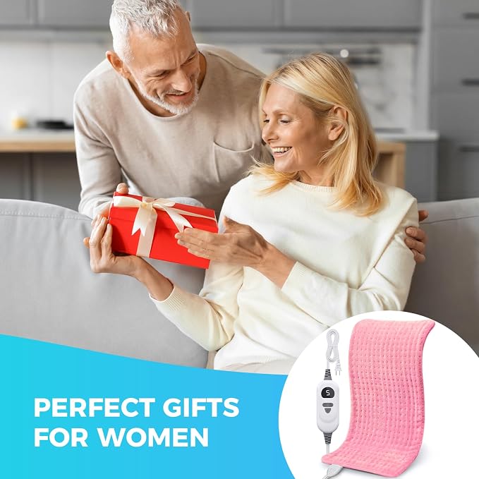 NOWWISH Heating Pad for Back, Period Cramps, Neck and Shoulder, 12x24 Inches Electric Throw with 6 Heat Settings, Timer and Auto Shut Off, Machine Washable, Birthday Gifts for Women, Pink