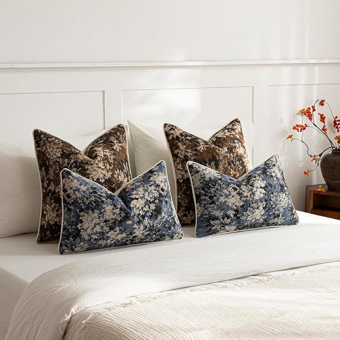 Pack of 2 Vintage Floral Euro Sham Covers 24x24 Boho Farmhouse Accents Chenille Square Decorative Throw Pillow Cases for Living Room Couch Bed Home Decor, Dark Brown