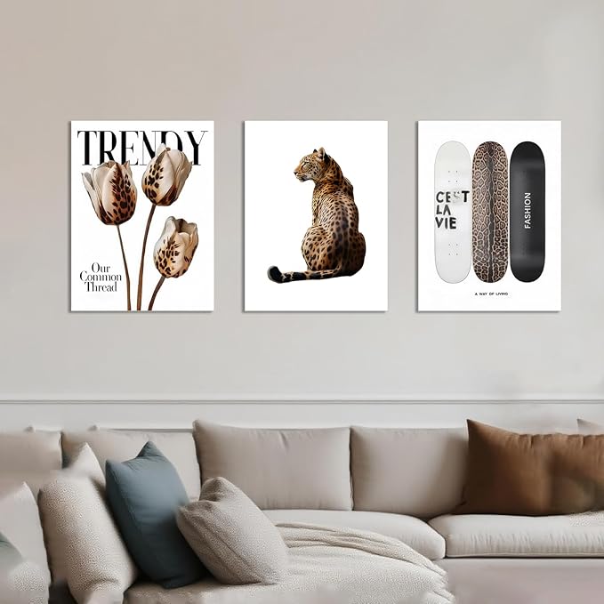 Trendy Leopard Canvas Wall Art Set of 3 Cheetah Printed Preppy Fashion Skateboard Wall Decor Preppy Room Aesthetic posters Prints for Girls Bedroom Apartment Dorm 12x16in Framed Decoration