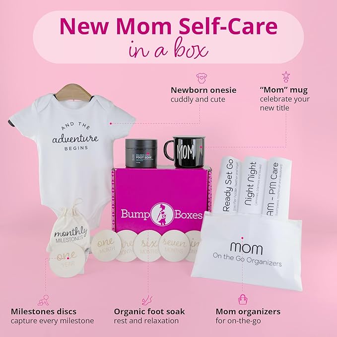 Bump Boxes 3rd Trimester & Postpartum Gift Set for New Moms with Milestone Disc, Baby Onesie, Travel Bags, Ceramic Mug, Organic Foot Soak, Gift for Mother to Be