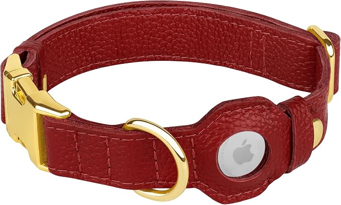 Leather Airtag Dog Collar - Soft Tracking Dog Collar with Apple AirTag Holder and Metal Buckle - Safety GPS Pet Collars for Small Medium Large Dogs Puppy Pink Red (Red, XL, 20"-25" Neck Fit)