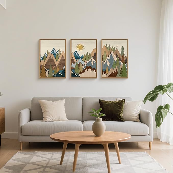 FWIEXA Large Mountain Woodcut Style Canvas Wall Art Set of 3, Sunrise Pine Tree Wall Decor, Forest Animal Painting, Nature Wilderness Lake Landscape, 16x24In Rustic Artwork for Living Room, Bedroom, Bathroom