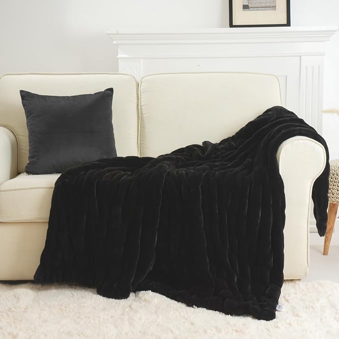 BATTILO Soft Black Faux Fur Throw Blanket for Couch, 50"x60", Double Side | Black Throw Blanket, Minky Couture Blanket, Cozy Warm Fluffy Faux Fur Blanket For Bed, Sofa Living Room