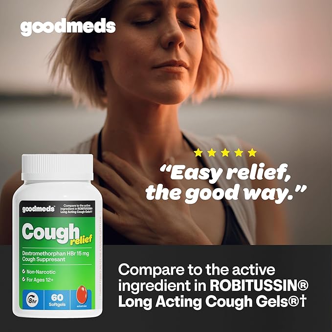 Cough Relief for Adults Softgels Dextromethorphan HBr (DXM) 15mg 8Hour, Non-Drowsy, Long-Lasting Bronchial Suppressant for Dry Cough and Chest Congestion (60 Count)