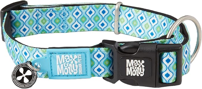 Max & Molly Urban Pets Smart ID Dog Collar - Soft Neoprene, Waterproof, Machine Washable, Power Buckle, Gotcha! QR Tag & Custom App Profile, Retro Blue S